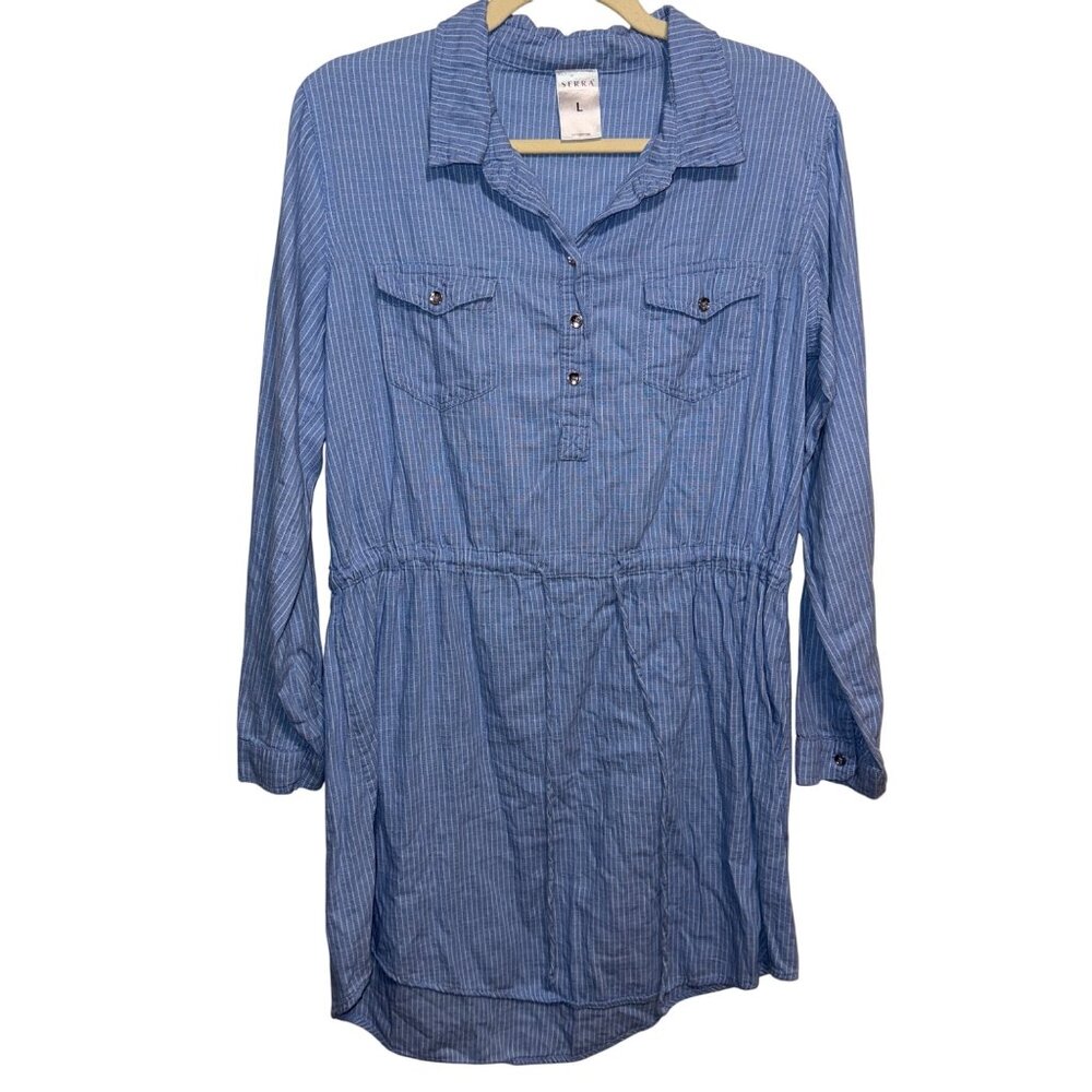 Serra Womens Blue Striped Long Sleeve Shirt Dress L Cotton